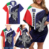 Personalised PNG Bougainville Family Matching Off Shoulder Short Dress and Hawaiian Shirt Bird of Paradise Tattoo Flag Motif - Polynesian Pride