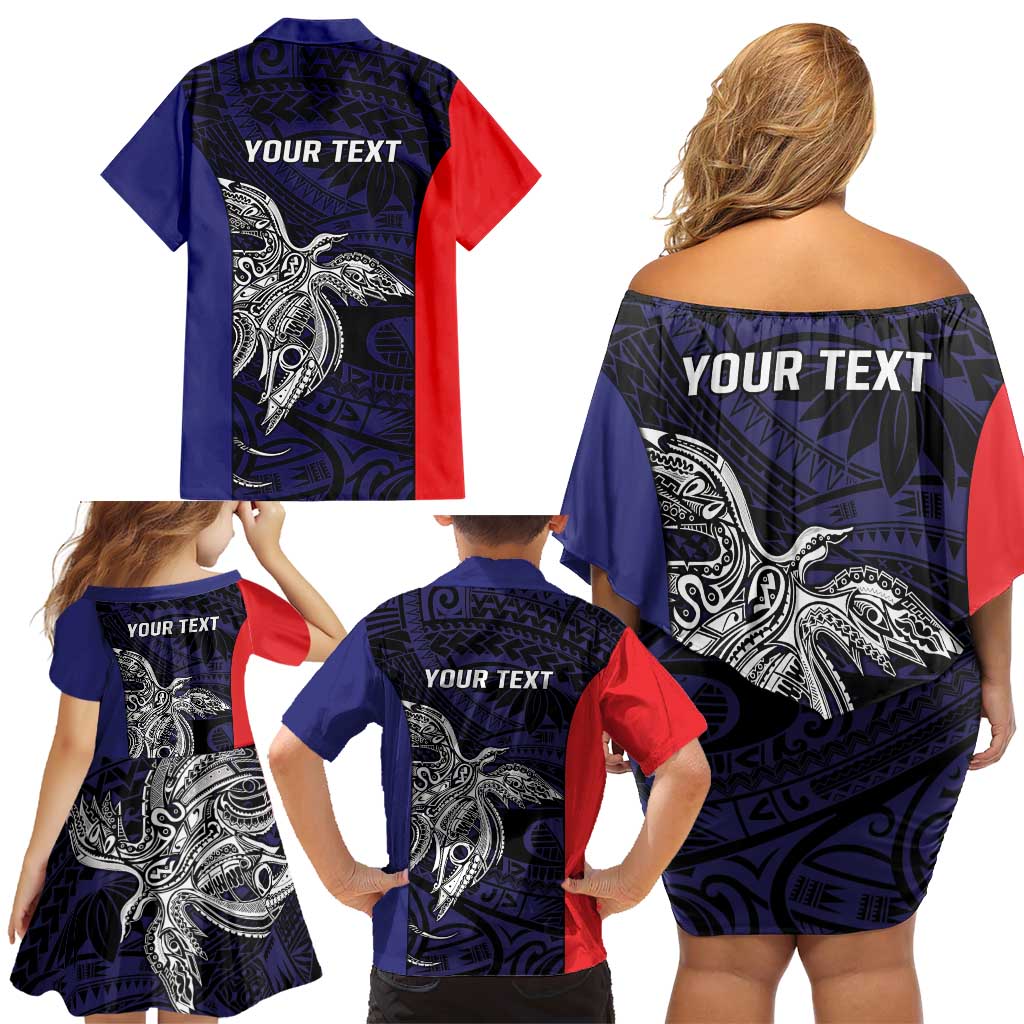 Personalised PNG Bougainville Family Matching Off Shoulder Short Dress and Hawaiian Shirt Bird of Paradise Tattoo Flag Motif - Polynesian Pride