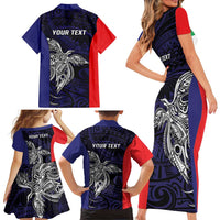 Personalised PNG Bougainville Family Matching Short Sleeve Bodycon Dress and Hawaiian Shirt Bird of Paradise Tattoo Flag Motif - Polynesian Pride