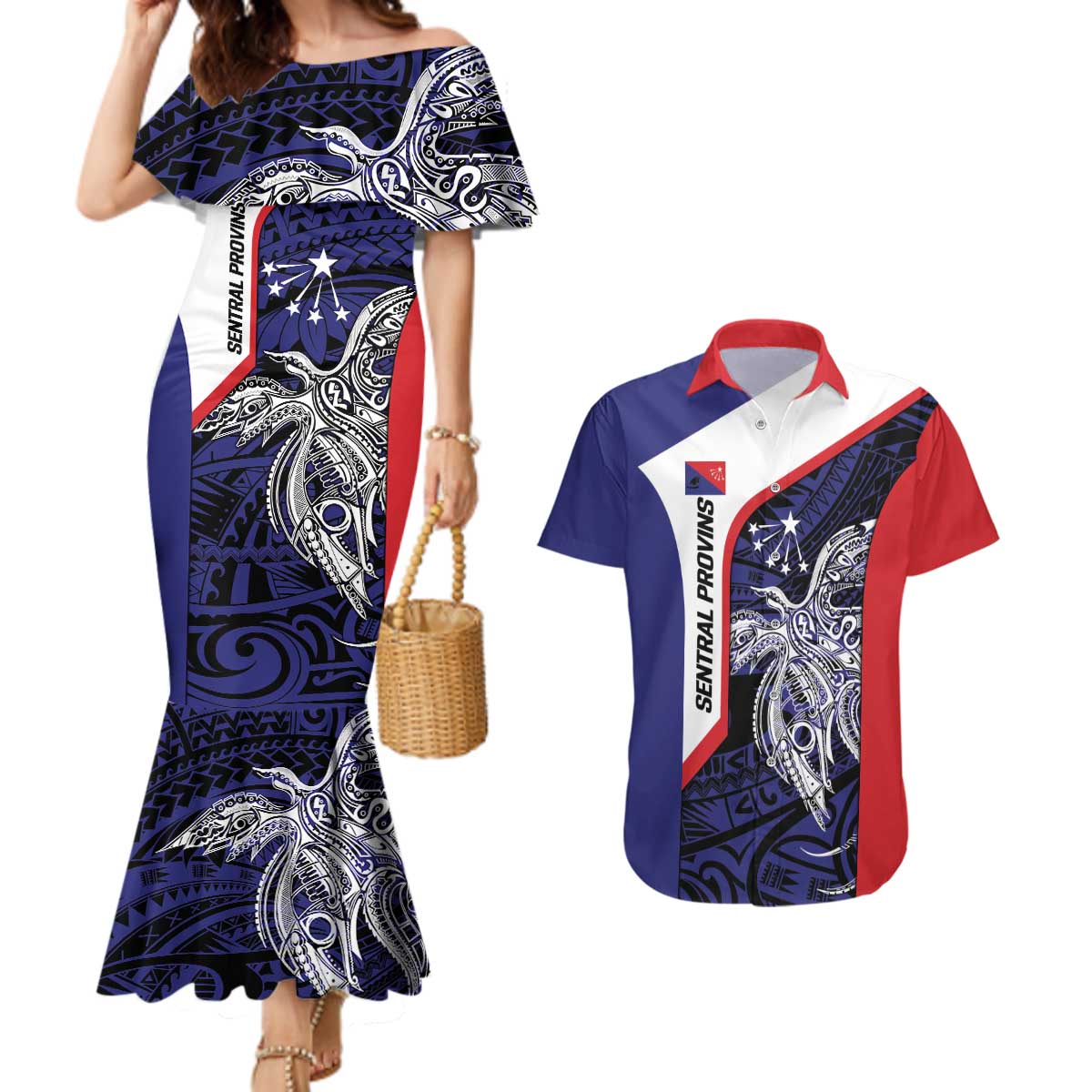 Personalised PNG Central Province Couples Matching Mermaid Dress and Hawaiian Shirt Bird of Paradise Tattoo Flag Motif - Polynesian Pride