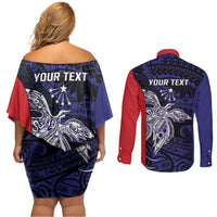 Personalised PNG Central Province Couples Matching Off Shoulder Short Dress and Long Sleeve Button Shirt Bird of Paradise Tattoo Flag Motif - Polynesian Pride