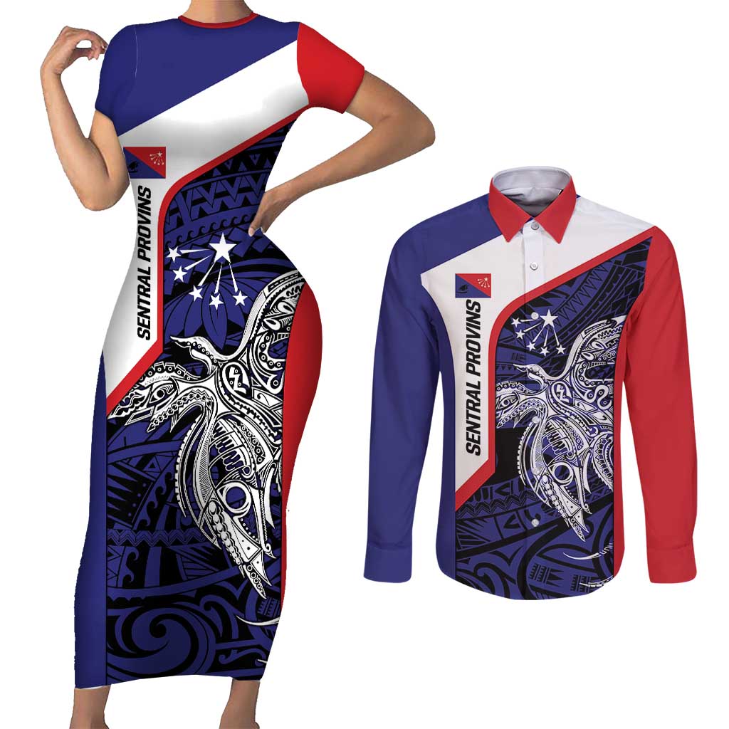 Personalised PNG Central Province Couples Matching Short Sleeve Bodycon Dress and Long Sleeve Button Shirt Bird of Paradise Tattoo Flag Motif - Polynesian Pride