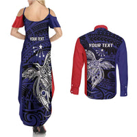 Personalised PNG Central Province Couples Matching Summer Maxi Dress and Long Sleeve Button Shirt Bird of Paradise Tattoo Flag Motif - Polynesian Pride