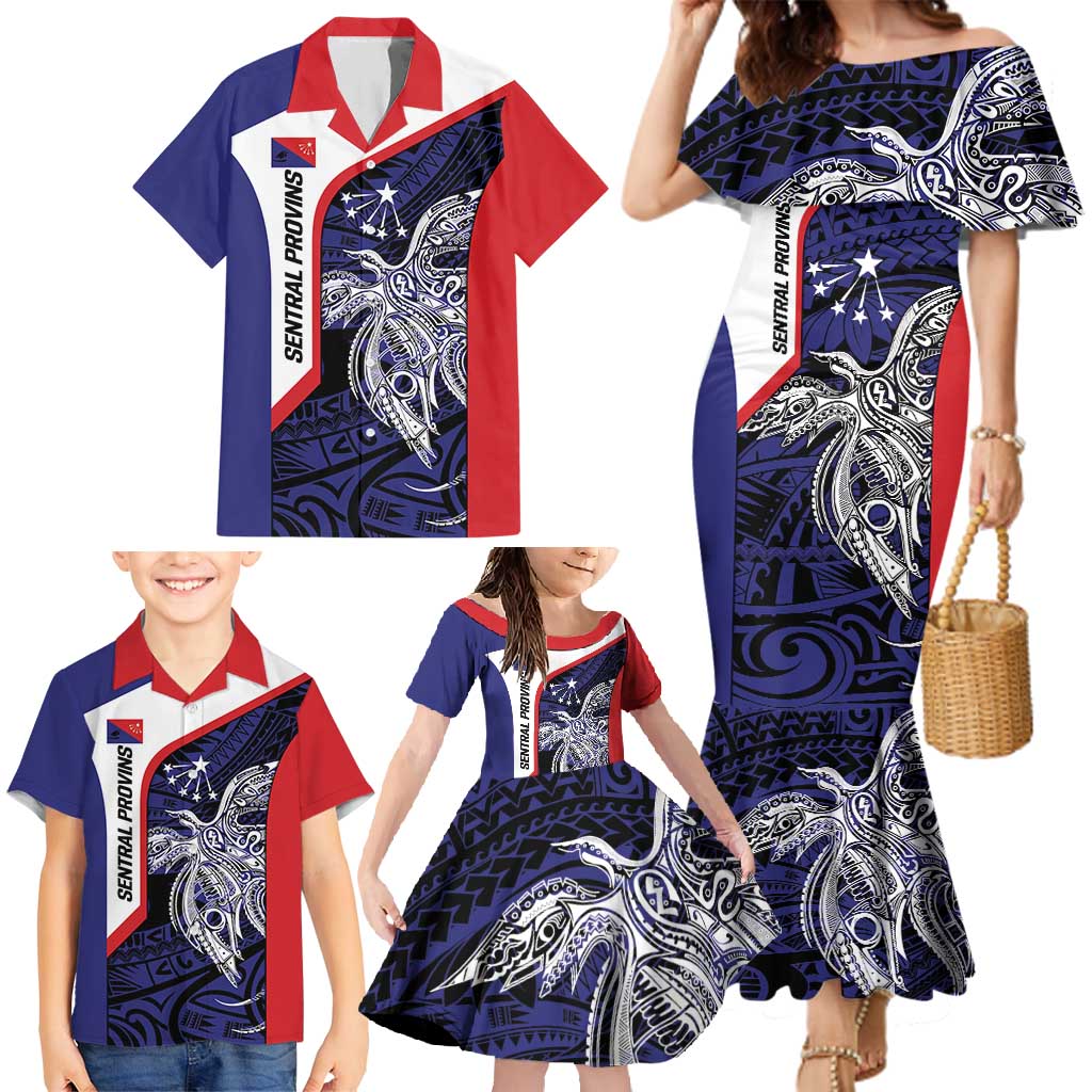 Personalised PNG Central Province Family Matching Mermaid Dress and Hawaiian Shirt Bird of Paradise Tattoo Flag Motif - Polynesian Pride