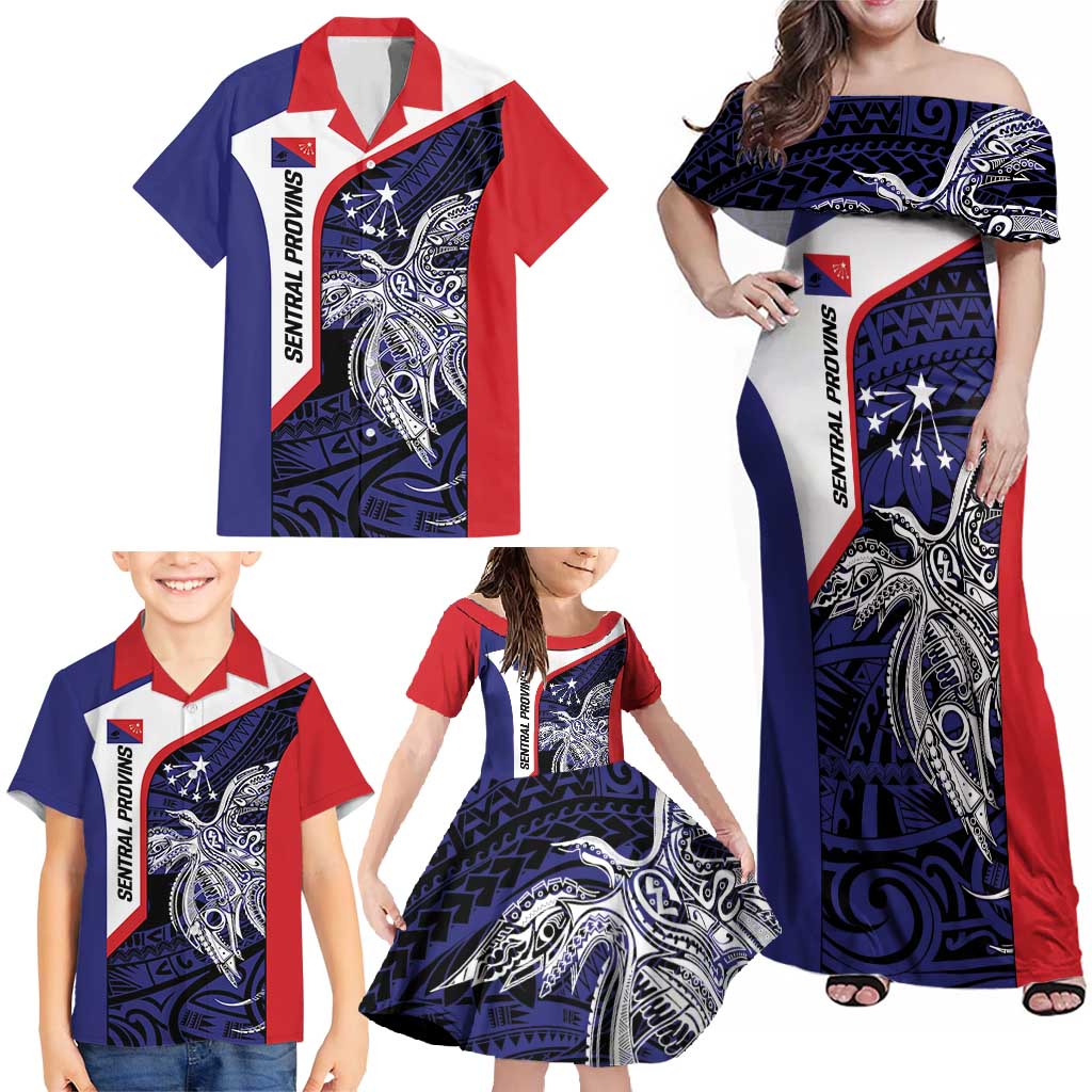 Personalised PNG Central Province Family Matching Off Shoulder Maxi Dress and Hawaiian Shirt Bird of Paradise Tattoo Flag Motif - Polynesian Pride