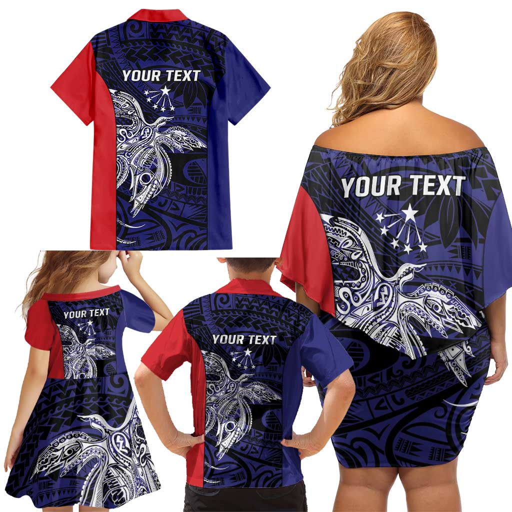 Personalised PNG Central Province Family Matching Off Shoulder Short Dress and Hawaiian Shirt Bird of Paradise Tattoo Flag Motif - Polynesian Pride