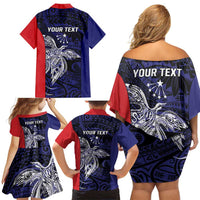 Personalised PNG Central Province Family Matching Off Shoulder Short Dress and Hawaiian Shirt Bird of Paradise Tattoo Flag Motif - Polynesian Pride