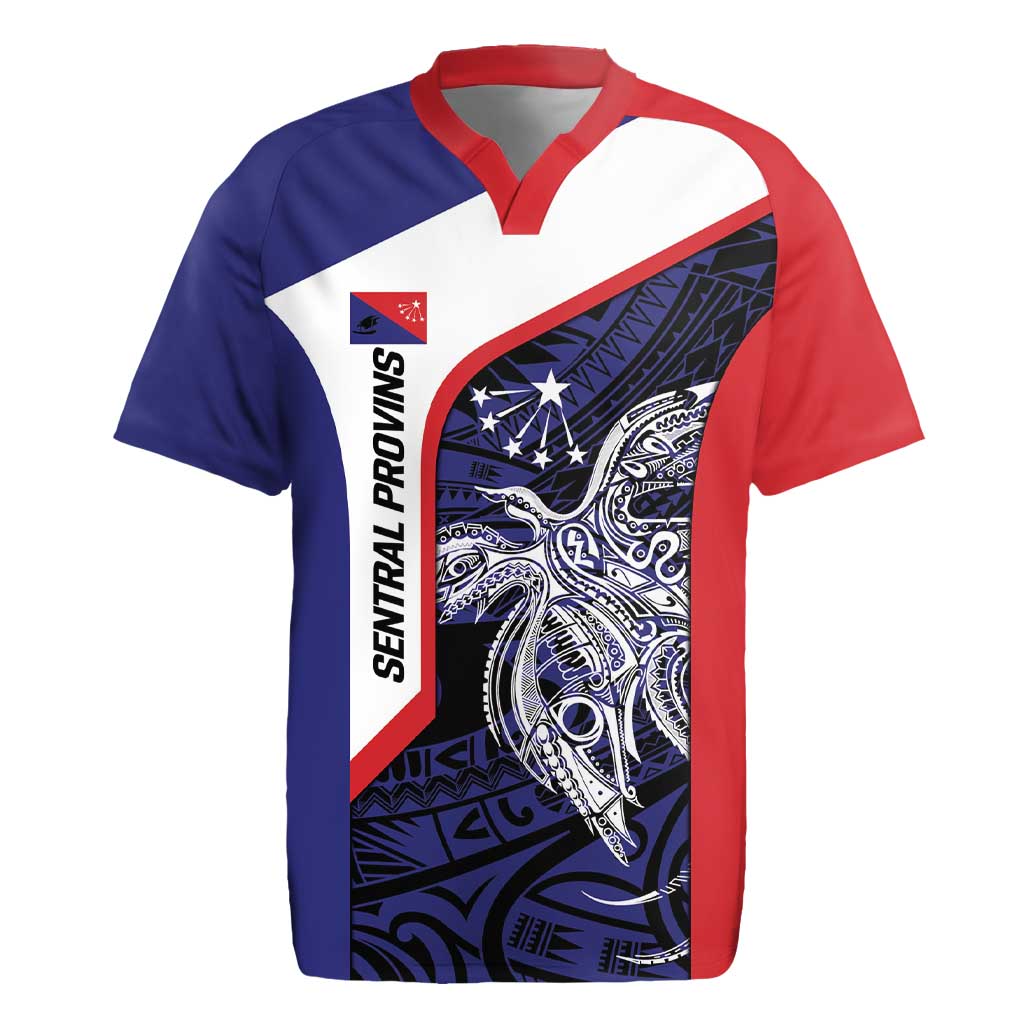 Personalised PNG Central Province Rugby Jersey Bird of Paradise Tattoo Flag Motif - Polynesian Pride