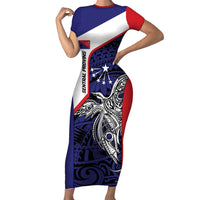 Personalised PNG Central Province Short Sleeve Bodycon Dress Bird of Paradise Tattoo Flag Motif - Polynesian Pride