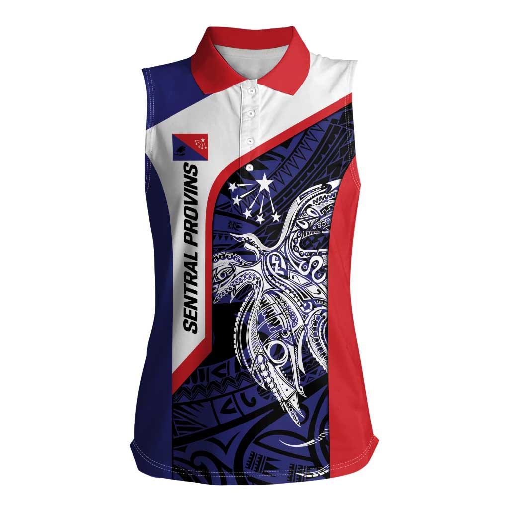 Personalised PNG Central Province Women Sleeveless Polo Shirt Bird of Paradise Tattoo Flag Motif - Polynesian Pride