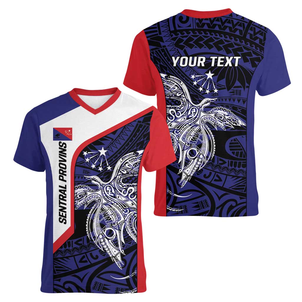 Personalised PNG Central Province Women V-Neck T-Shirt Bird of Paradise Tattoo Flag Motif - Polynesian Pride