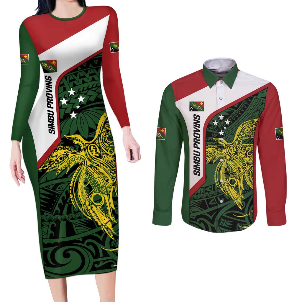 Personalised PNG Chimbu Province Couples Matching Long Sleeve Bodycon Dress and Long Sleeve Button Shirt Bird of Paradise Tattoo Flag Motif - Polynesian Pride