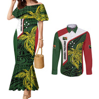 Personalised PNG Chimbu Province Couples Matching Mermaid Dress and Long Sleeve Button Shirt Bird of Paradise Tattoo Flag Motif LT9 Red - Polynesian Pride