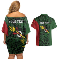 Personalised PNG Chimbu Province Couples Matching Off Shoulder Short Dress and Hawaiian Shirt Bird of Paradise Tattoo Flag Motif - Polynesian Pride