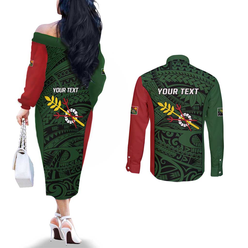 Personalised PNG Chimbu Province Couples Matching Off The Shoulder Long Sleeve Dress and Long Sleeve Button Shirt Bird of Paradise Tattoo Flag Motif - Polynesian Pride