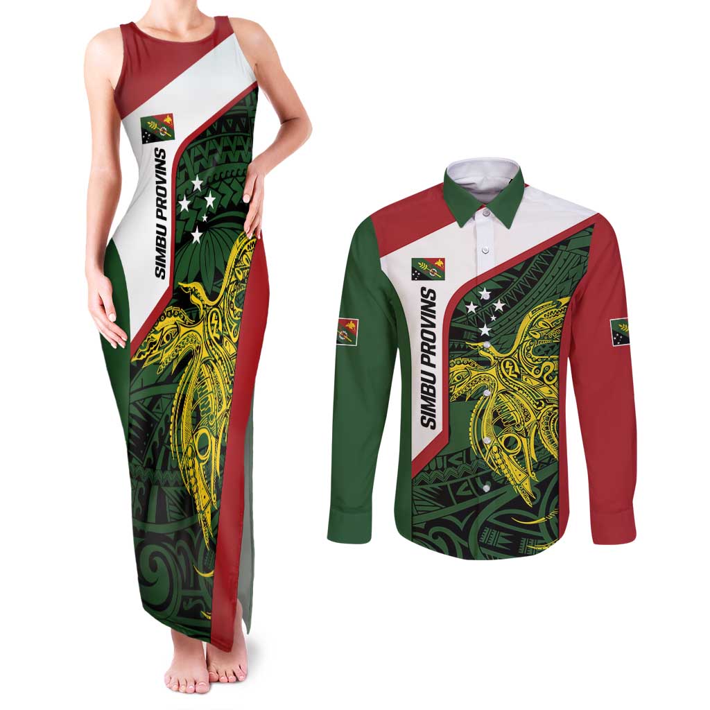 Personalised PNG Chimbu Province Couples Matching Tank Maxi Dress and Long Sleeve Button Shirt Bird of Paradise Tattoo Flag Motif - Polynesian Pride