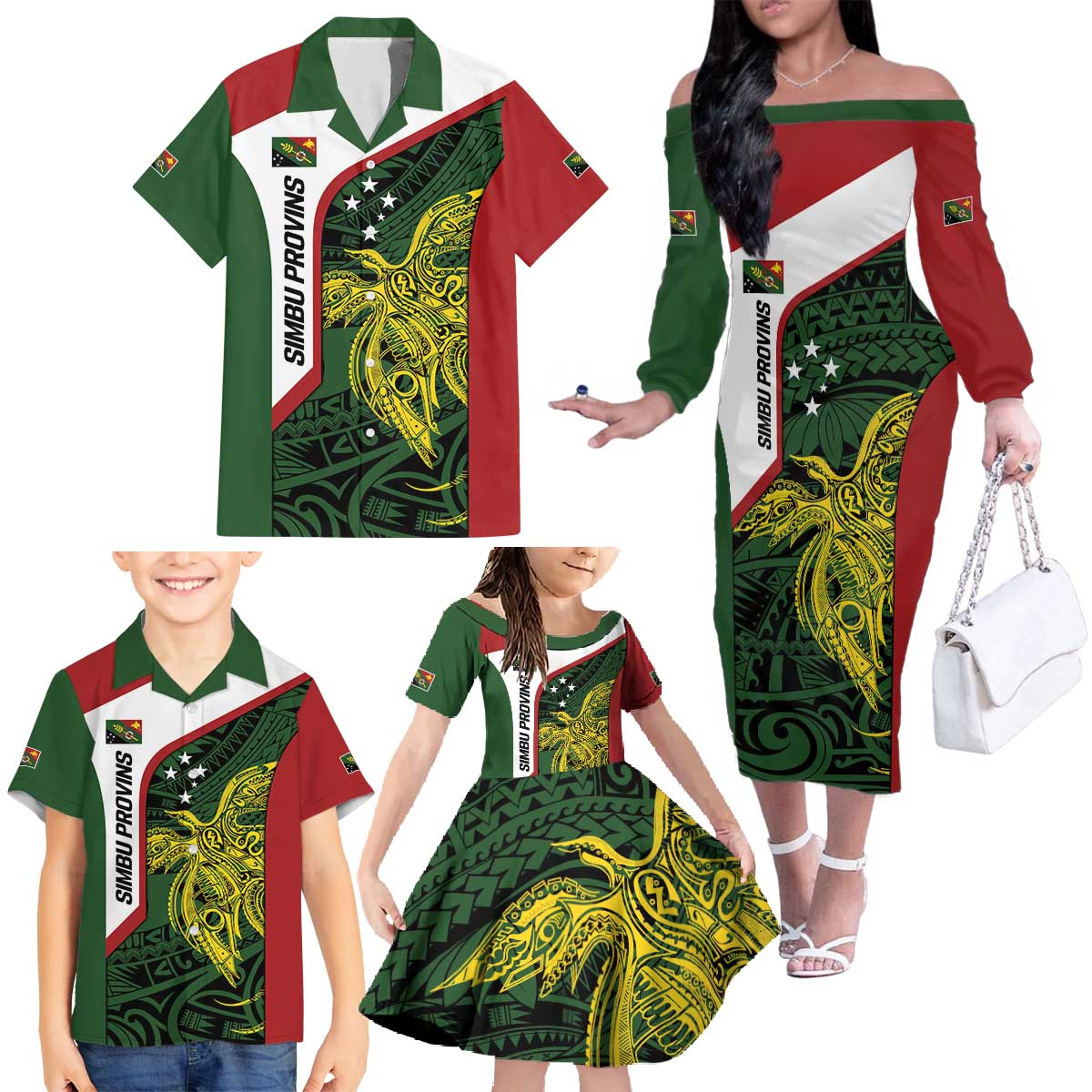 Personalised PNG Chimbu Province Family Matching Off The Shoulder Long Sleeve Dress and Hawaiian Shirt Bird of Paradise Tattoo Flag Motif - Polynesian Pride