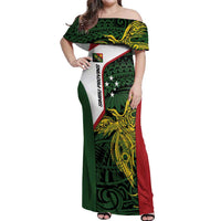 Personalised PNG Chimbu Province Off Shoulder Maxi Dress Bird of Paradise Tattoo Flag Motif - Polynesian Pride