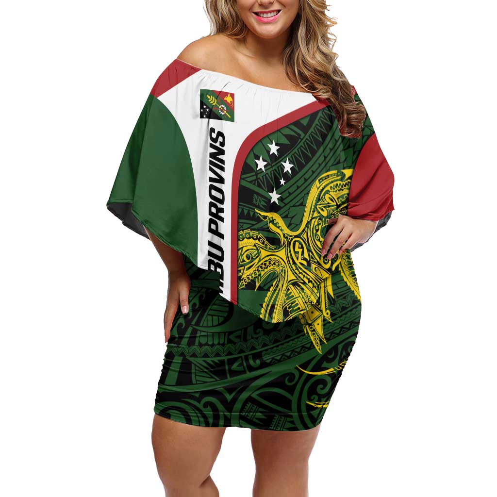 Personalised PNG Chimbu Province Off Shoulder Short Dress Bird of Paradise Tattoo Flag Motif - Polynesian Pride