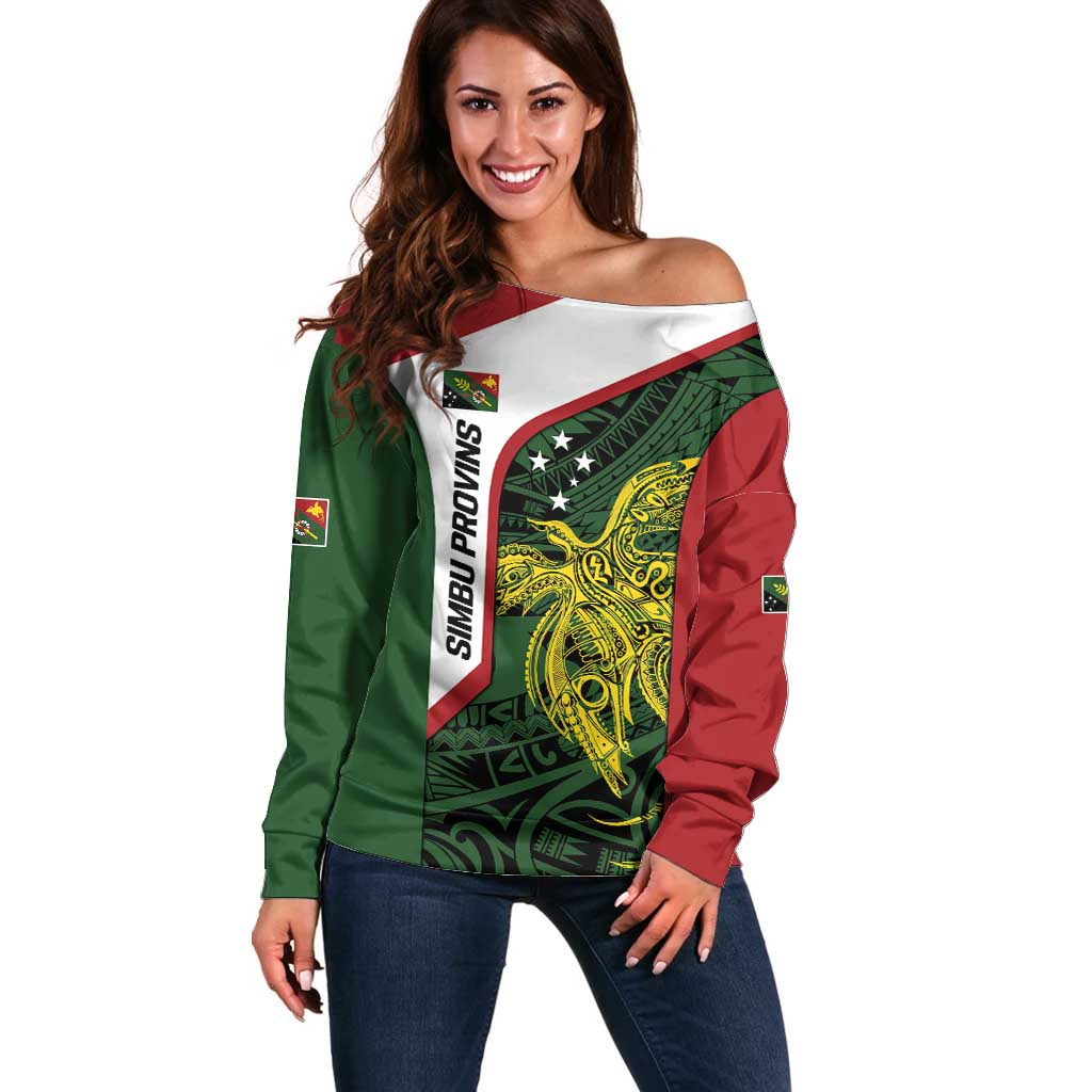 Personalised PNG Chimbu Province Off Shoulder Sweater Bird of Paradise Tattoo Flag Motif - Polynesian Pride