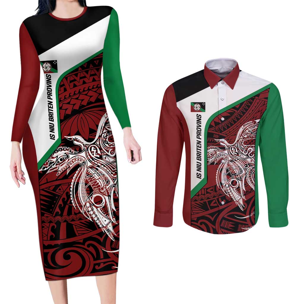 Personalised PNG East New Britain Province Couples Matching Long Sleeve Bodycon Dress and Long Sleeve Button Shirt Bird of Paradise Tattoo Flag Motif LT9 Green - Polynesian Pride