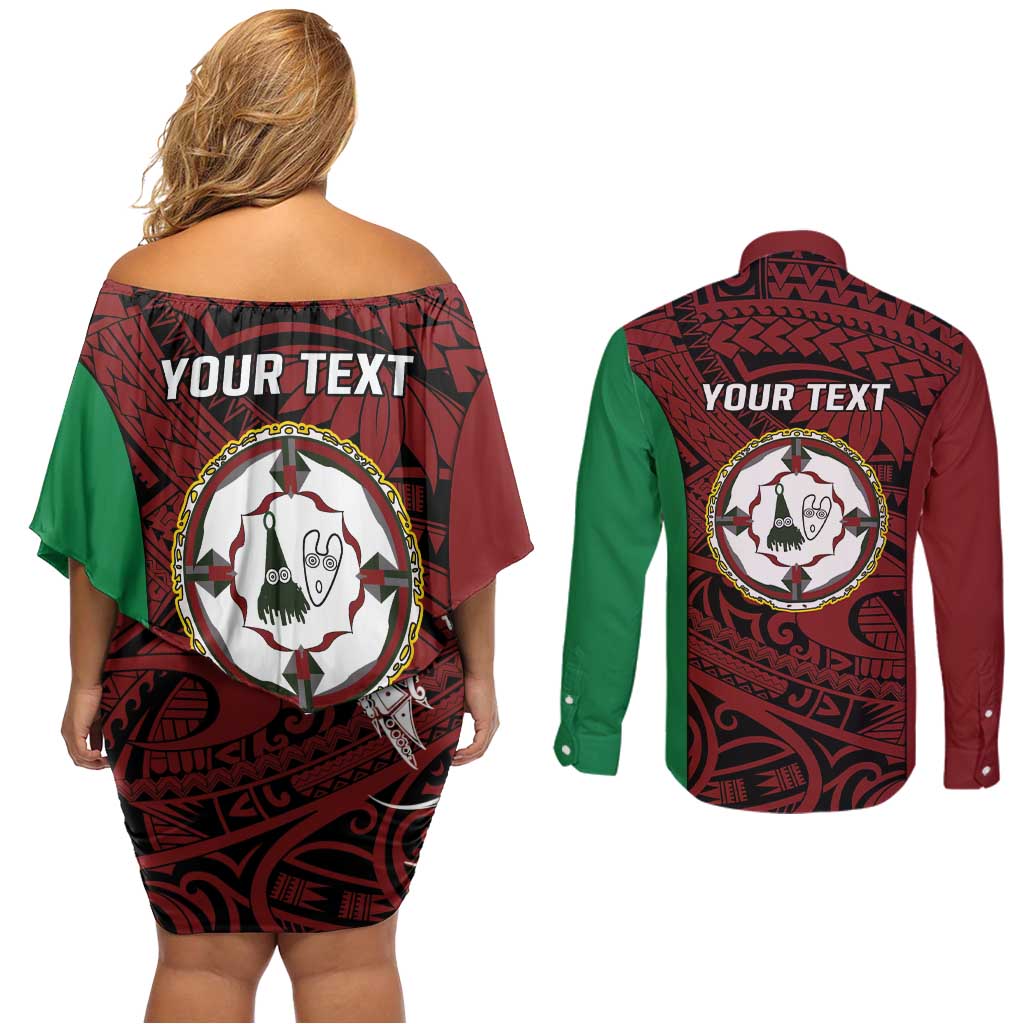 Personalised PNG East New Britain Province Couples Matching Off Shoulder Short Dress and Long Sleeve Button Shirt Bird of Paradise Tattoo Flag Motif - Polynesian Pride