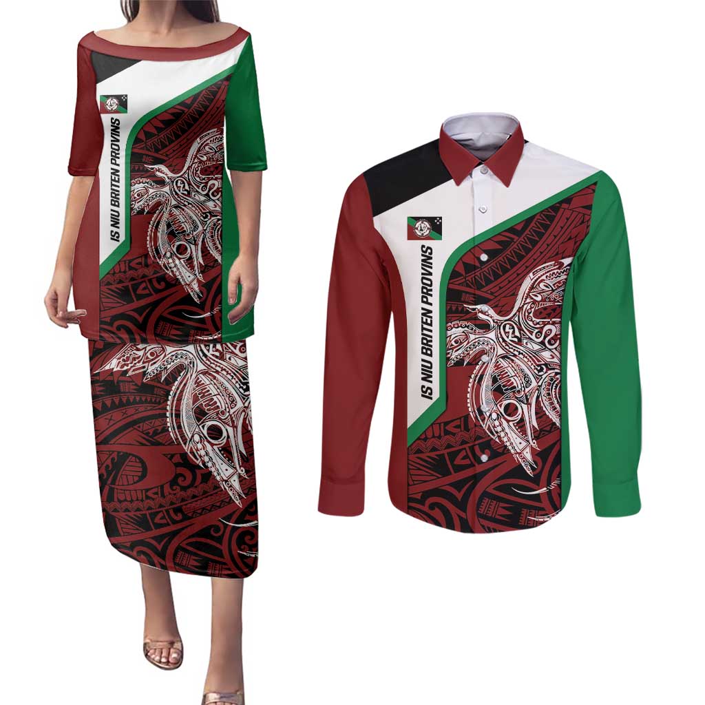 Personalised PNG East New Britain Province Couples Matching Puletasi and Long Sleeve Button Shirt Bird of Paradise Tattoo Flag Motif LT9 Green - Polynesian Pride