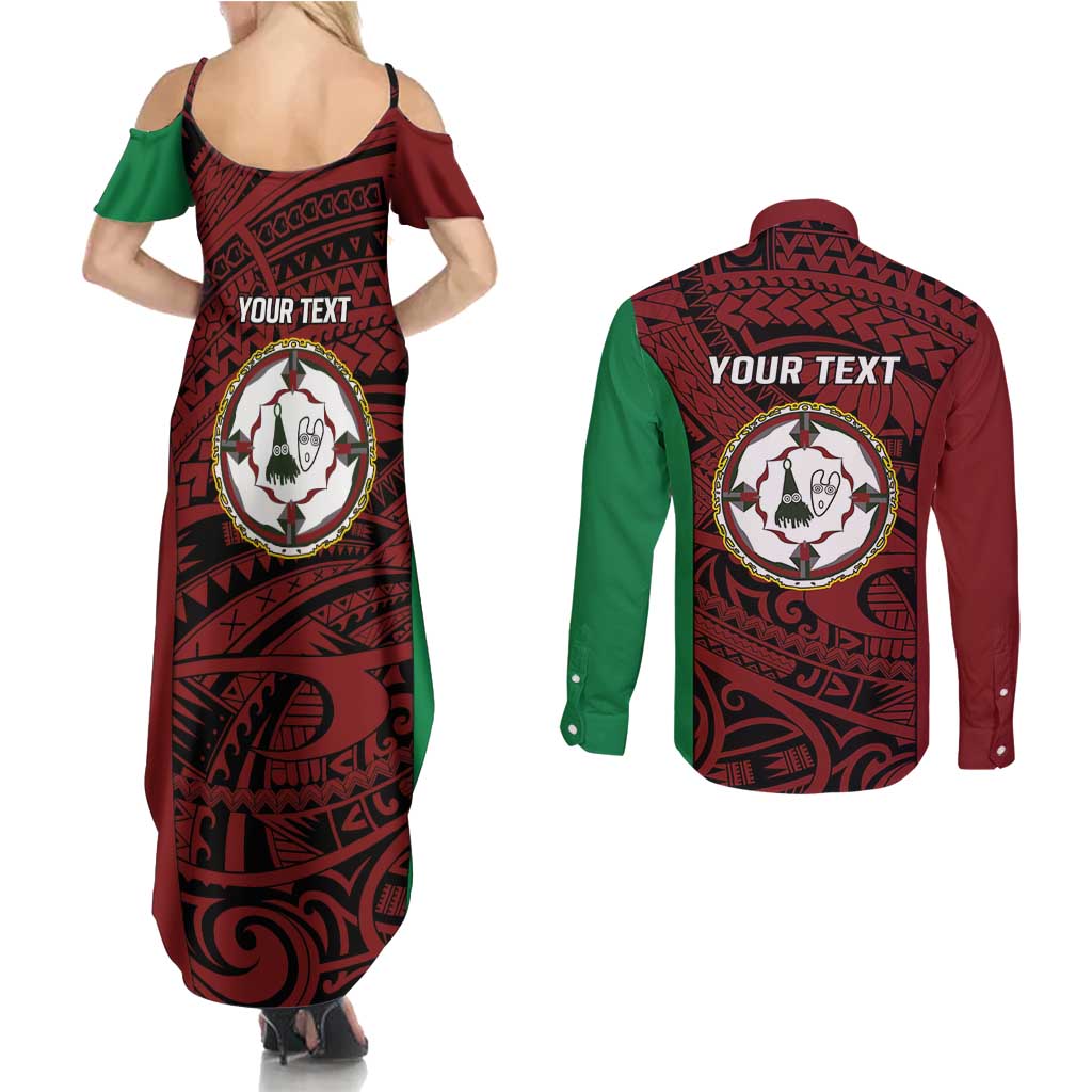 Personalised PNG East New Britain Province Couples Matching Summer Maxi Dress and Long Sleeve Button Shirt Bird of Paradise Tattoo Flag Motif - Polynesian Pride
