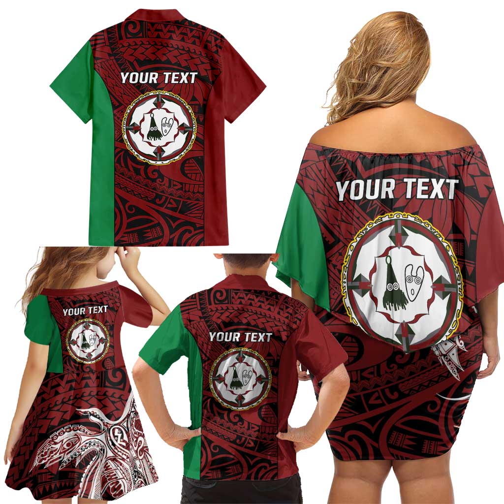 Personalised PNG East New Britain Province Family Matching Off Shoulder Short Dress and Hawaiian Shirt Bird of Paradise Tattoo Flag Motif - Polynesian Pride