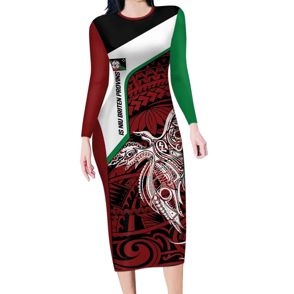 Personalised PNG East New Britain Province Long Sleeve Bodycon Dress Bird of Paradise Tattoo Flag Motif - Polynesian Pride