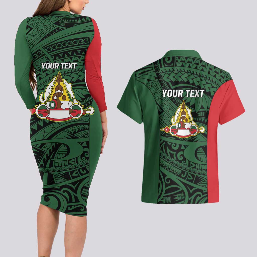 Personalised PNG East Sepik Province Couples Matching Long Sleeve Bodycon Dress and Hawaiian Shirt Bird of Paradise Tattoo Flag Motif - Polynesian Pride