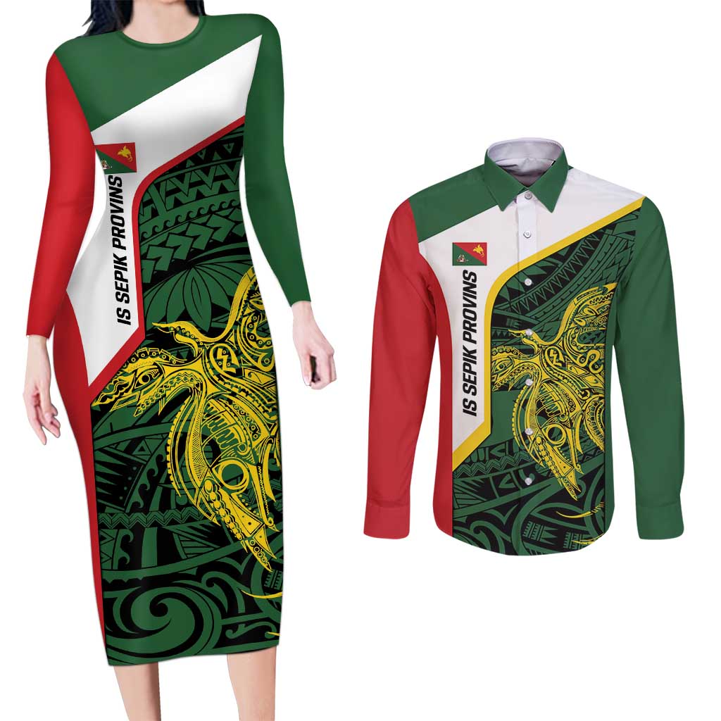 Personalised PNG East Sepik Province Couples Matching Long Sleeve Bodycon Dress and Long Sleeve Button Shirt Bird of Paradise Tattoo Flag Motif LT9 Green - Polynesian Pride