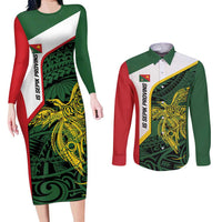 Personalised PNG East Sepik Province Couples Matching Long Sleeve Bodycon Dress and Long Sleeve Button Shirt Bird of Paradise Tattoo Flag Motif LT9 Green - Polynesian Pride