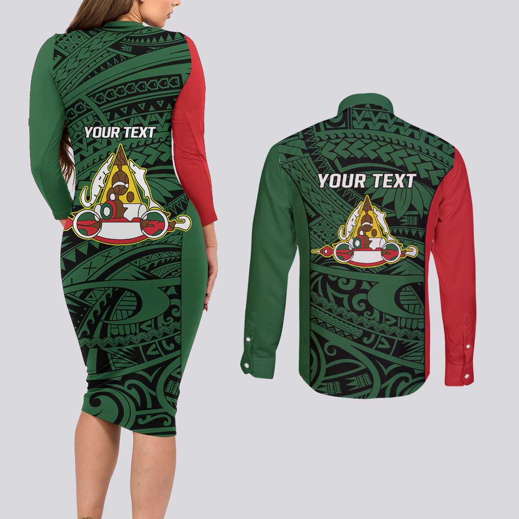Personalised PNG East Sepik Province Couples Matching Long Sleeve Bodycon Dress and Long Sleeve Button Shirt Bird of Paradise Tattoo Flag Motif LT9 - Polynesian Pride