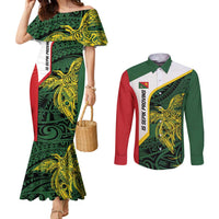 Personalised PNG East Sepik Province Couples Matching Mermaid Dress and Long Sleeve Button Shirt Bird of Paradise Tattoo Flag Motif LT9 Green - Polynesian Pride