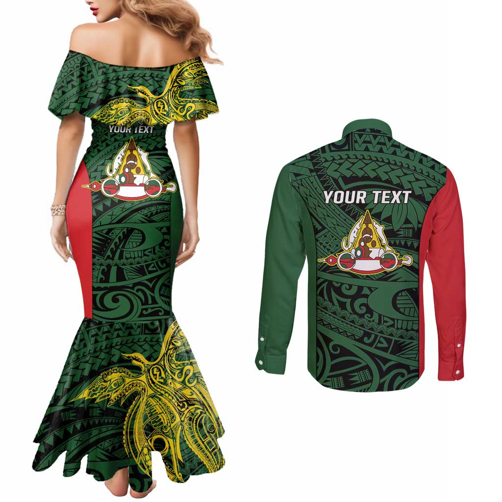 Personalised PNG East Sepik Province Couples Matching Mermaid Dress and Long Sleeve Button Shirt Bird of Paradise Tattoo Flag Motif LT9 - Polynesian Pride