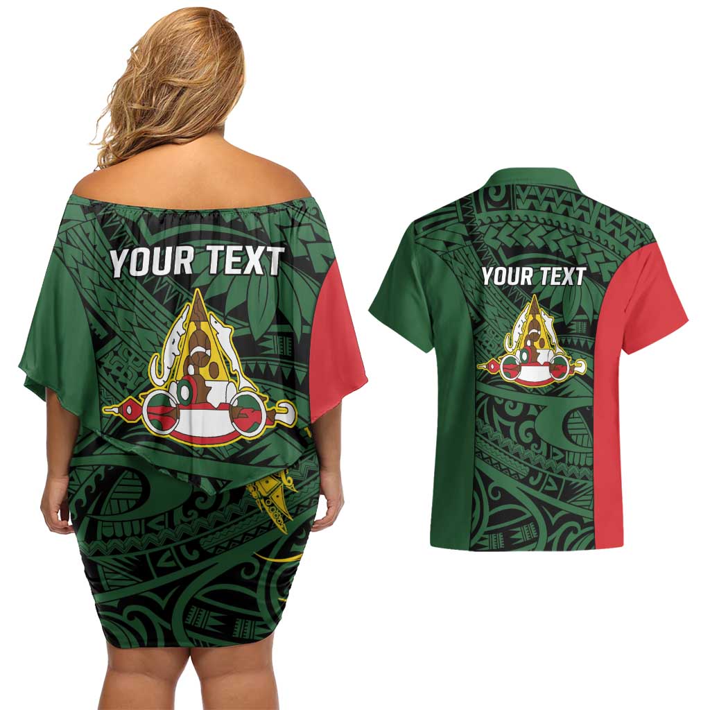 Personalised PNG East Sepik Province Couples Matching Off Shoulder Short Dress and Hawaiian Shirt Bird of Paradise Tattoo Flag Motif - Polynesian Pride