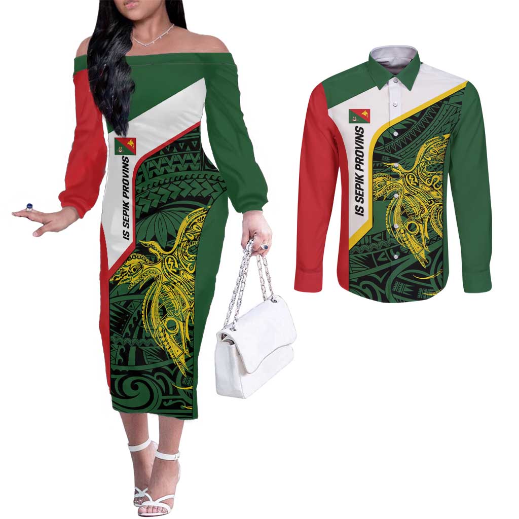 Personalised PNG East Sepik Province Couples Matching Off The Shoulder Long Sleeve Dress and Long Sleeve Button Shirt Bird of Paradise Tattoo Flag Motif LT9 Green - Polynesian Pride