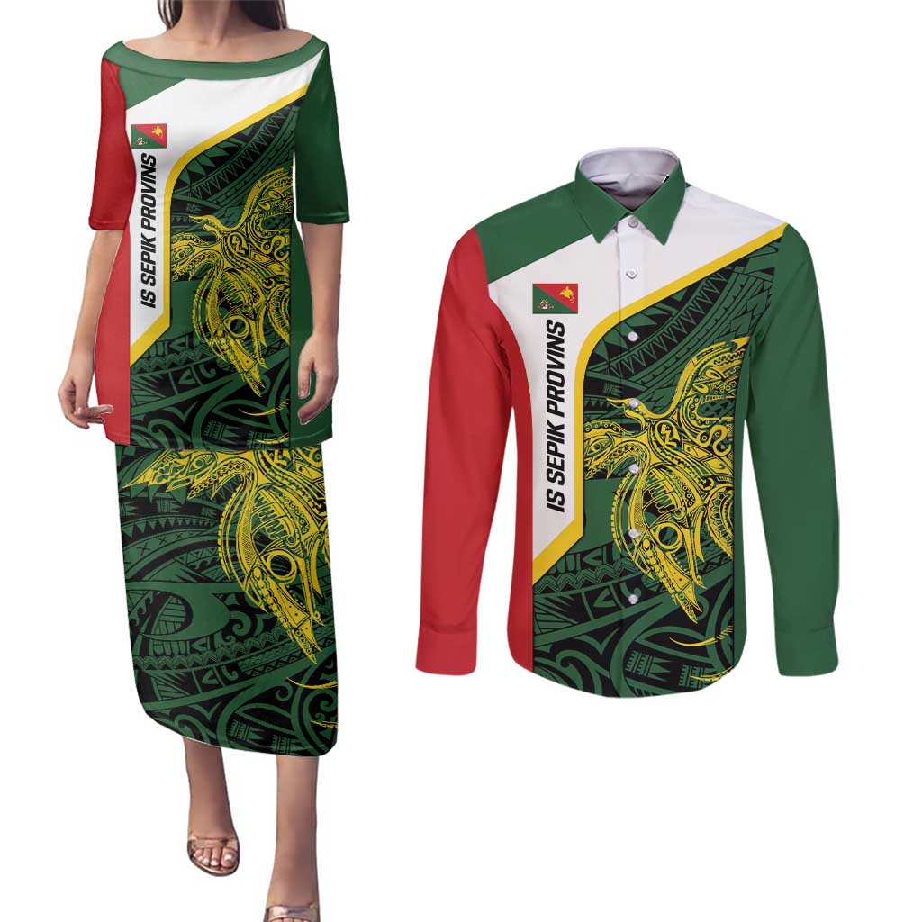 Personalised PNG East Sepik Province Couples Matching Puletasi and Long Sleeve Button Shirt Bird of Paradise Tattoo Flag Motif - Polynesian Pride