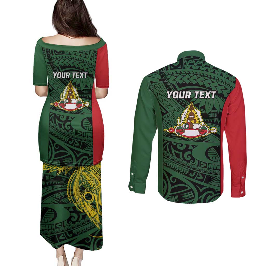 Personalised PNG East Sepik Province Couples Matching Puletasi and Long Sleeve Button Shirt Bird of Paradise Tattoo Flag Motif - Polynesian Pride