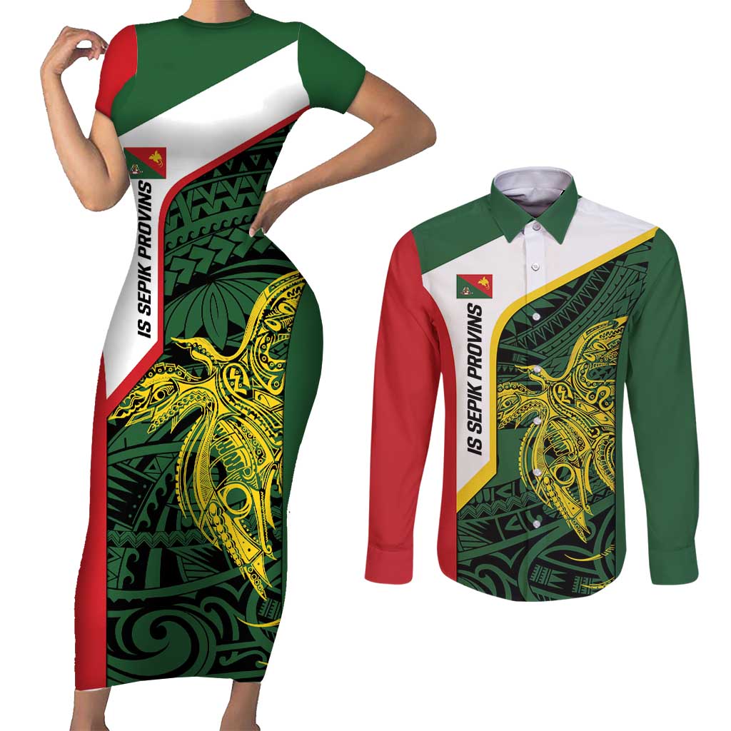 Personalised PNG East Sepik Province Couples Matching Short Sleeve Bodycon Dress and Long Sleeve Button Shirt Bird of Paradise Tattoo Flag Motif LT9 Green - Polynesian Pride