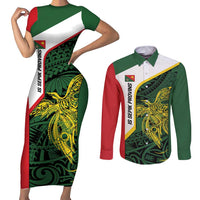 Personalised PNG East Sepik Province Couples Matching Short Sleeve Bodycon Dress and Long Sleeve Button Shirt Bird of Paradise Tattoo Flag Motif LT9 Green - Polynesian Pride