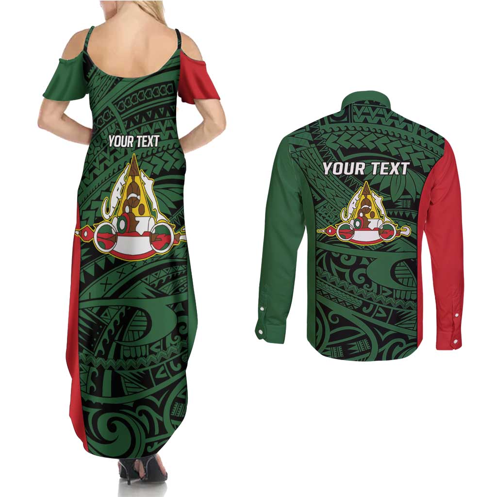 Personalised PNG East Sepik Province Couples Matching Summer Maxi Dress and Long Sleeve Button Shirt Bird of Paradise Tattoo Flag Motif - Polynesian Pride