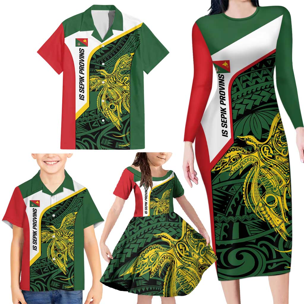Personalised PNG East Sepik Province Family Matching Long Sleeve Bodycon Dress and Hawaiian Shirt Bird of Paradise Tattoo Flag Motif - Polynesian Pride