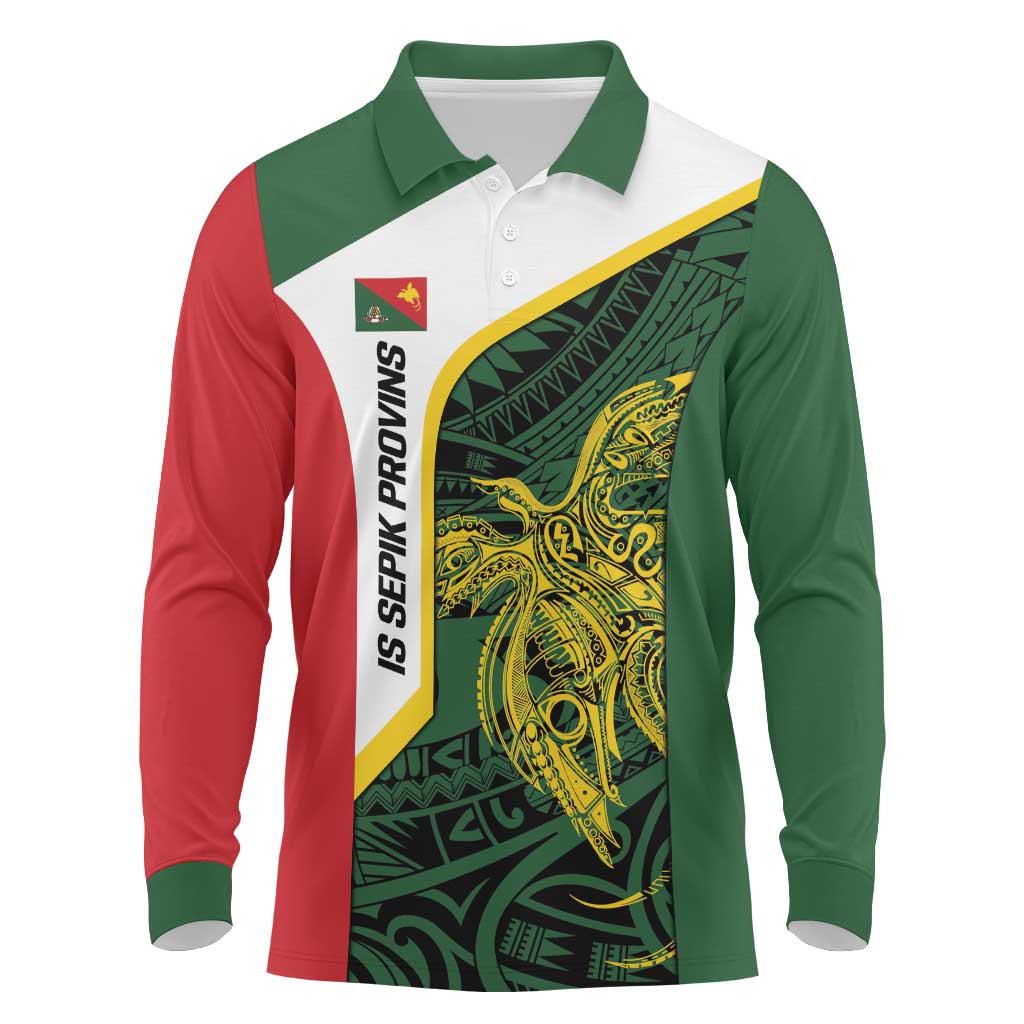 Personalised PNG East Sepik Province Long Sleeve Polo Shirt Bird of Paradise Tattoo Flag Motif LT9 Green - Polynesian Pride
