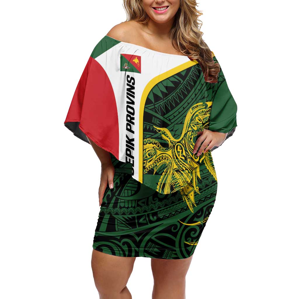 Personalised PNG East Sepik Province Off Shoulder Short Dress Bird of Paradise Tattoo Flag Motif - Polynesian Pride