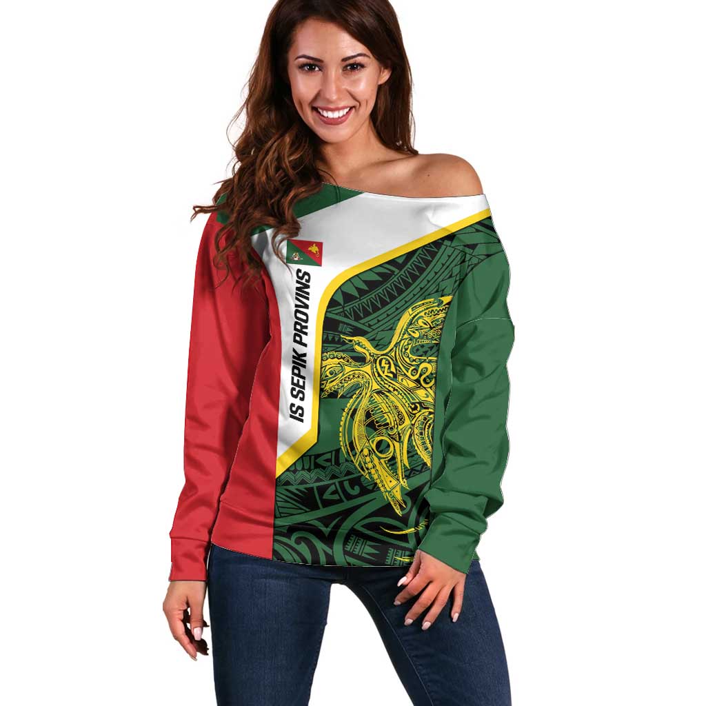 Personalised PNG East Sepik Province Off Shoulder Sweater Bird of Paradise Tattoo Flag Motif - Polynesian Pride