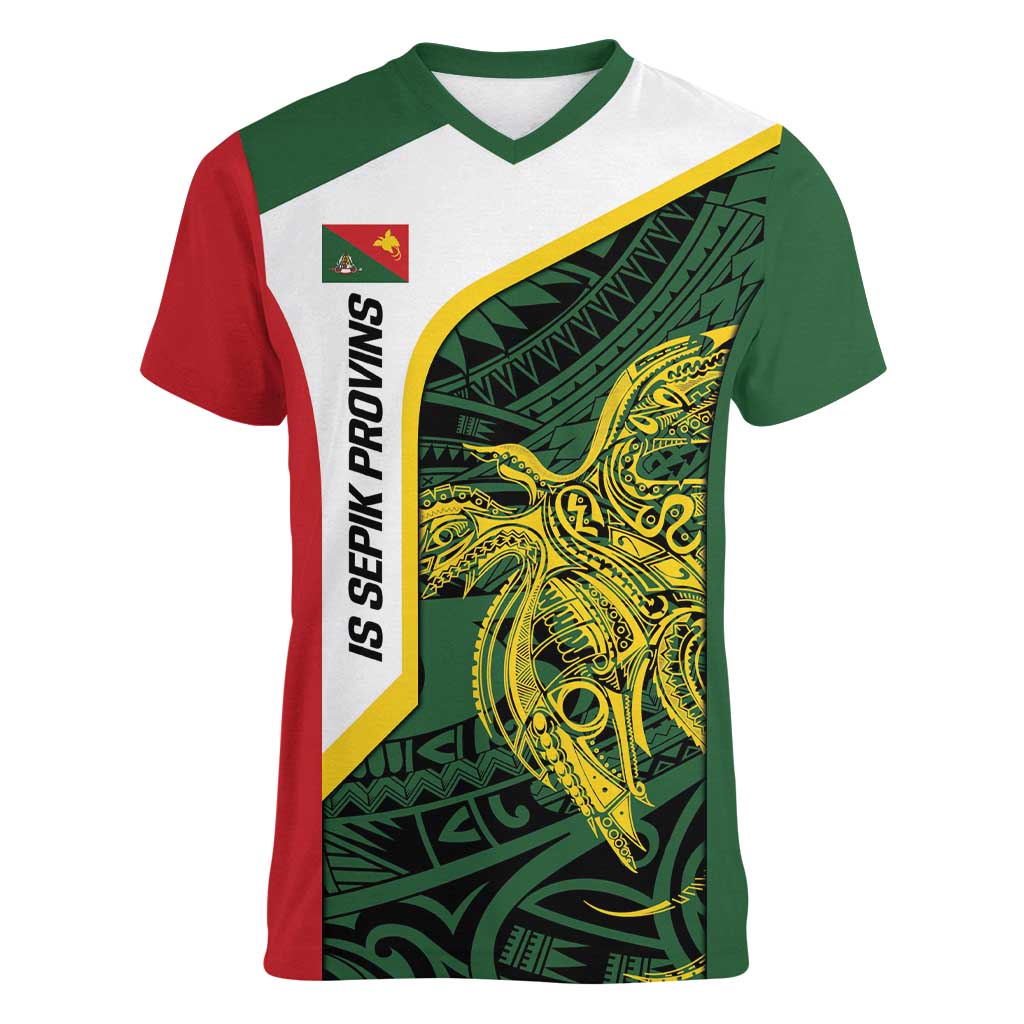 Personalised PNG East Sepik Province Women V-Neck T-Shirt Bird of Paradise Tattoo Flag Motif - Polynesian Pride