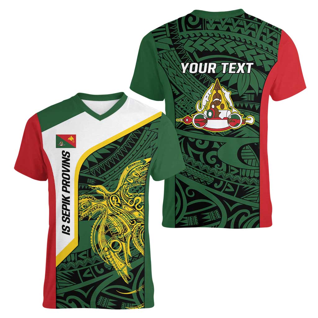 Personalised PNG East Sepik Province Women V-Neck T-Shirt Bird of Paradise Tattoo Flag Motif - Polynesian Pride