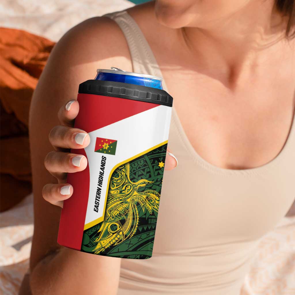 Personalised PNG Eastern Highlands 4 in 1 Can Cooler Tumbler Bird of Paradise Tattoo Flag Motif - Polynesian Pride